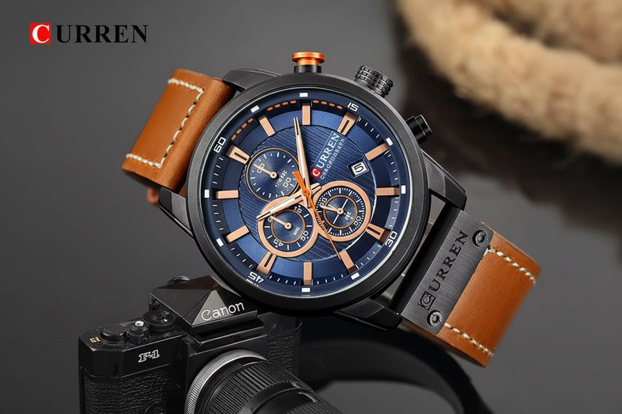 Curren  chronographe à quartz pour homme  , bracelet cuir protégé !